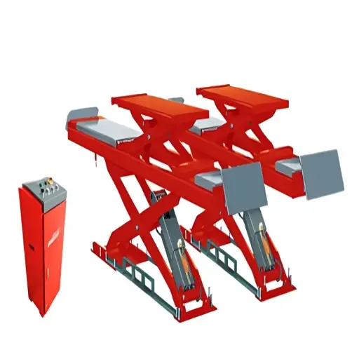 [PULI-KPL-U-D45:01] Cầu nâng cắt kéo kiểm tra góc đặt bánh xe 4.5 tấn, dài 5m, lắp chìm, độ sâu móng 380mm, có bàn nâng phụ (3 pha , màu đỏ, bao gồm đĩa lái).